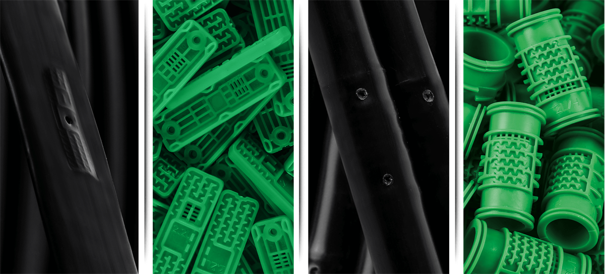 لوله قطره چکان دار دایره ای سبز و مشکی در سمت راست و لوله قطره چکان دار پلاک دار مشکی و سبز در سمت چپ